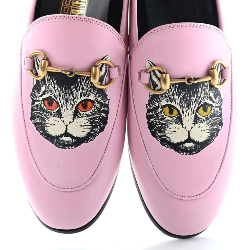 Gucci Pink Leather Brixton Cat Loafers